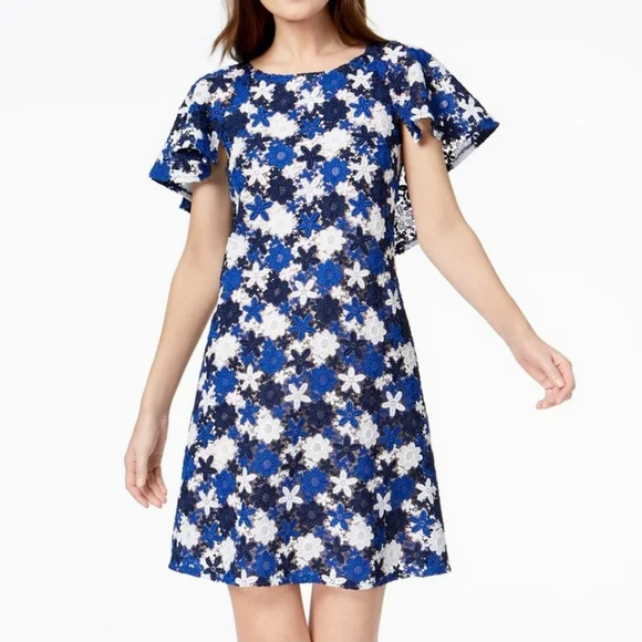 calvin klein blue lace dress Calvin Klein Women's Petite Ruffled-Hem Lace Dress (4P, Ultramarine)